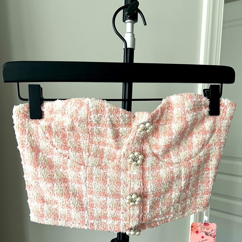 SHEIN Pink and White Tweed Crop Top